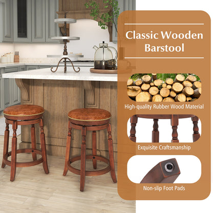 Juego de 2 taburetes de bar giratorios de 24 pulgadas con asiento tapizado y estructura de madera de caucho - 24 pulgadas