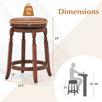 Juego de 2 taburetes de bar giratorios de 24 pulgadas con asiento tapizado y estructura de madera de caucho - 24 pulgadas
