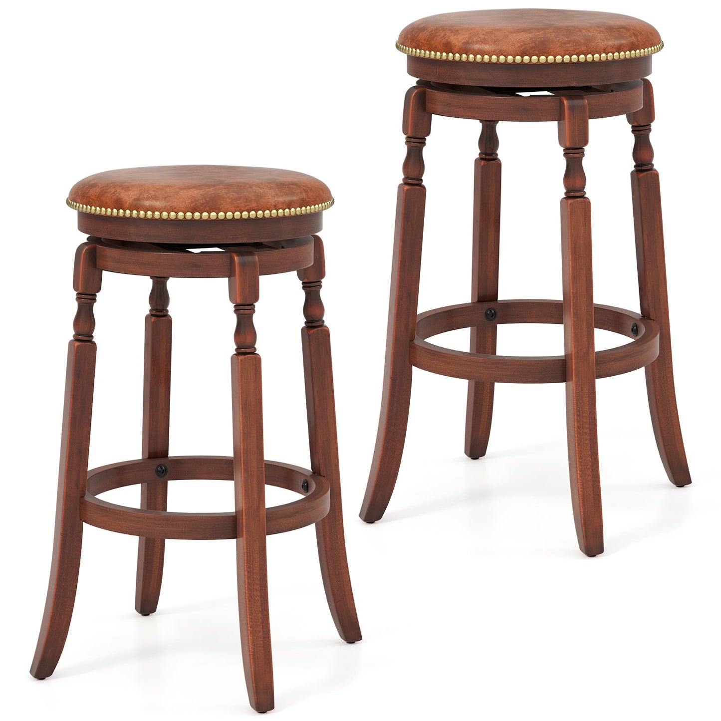Juego de 2 taburetes de bar giratorios de 24 pulgadas con asiento tapizado y estructura de madera de caucho - 24 pulgadas