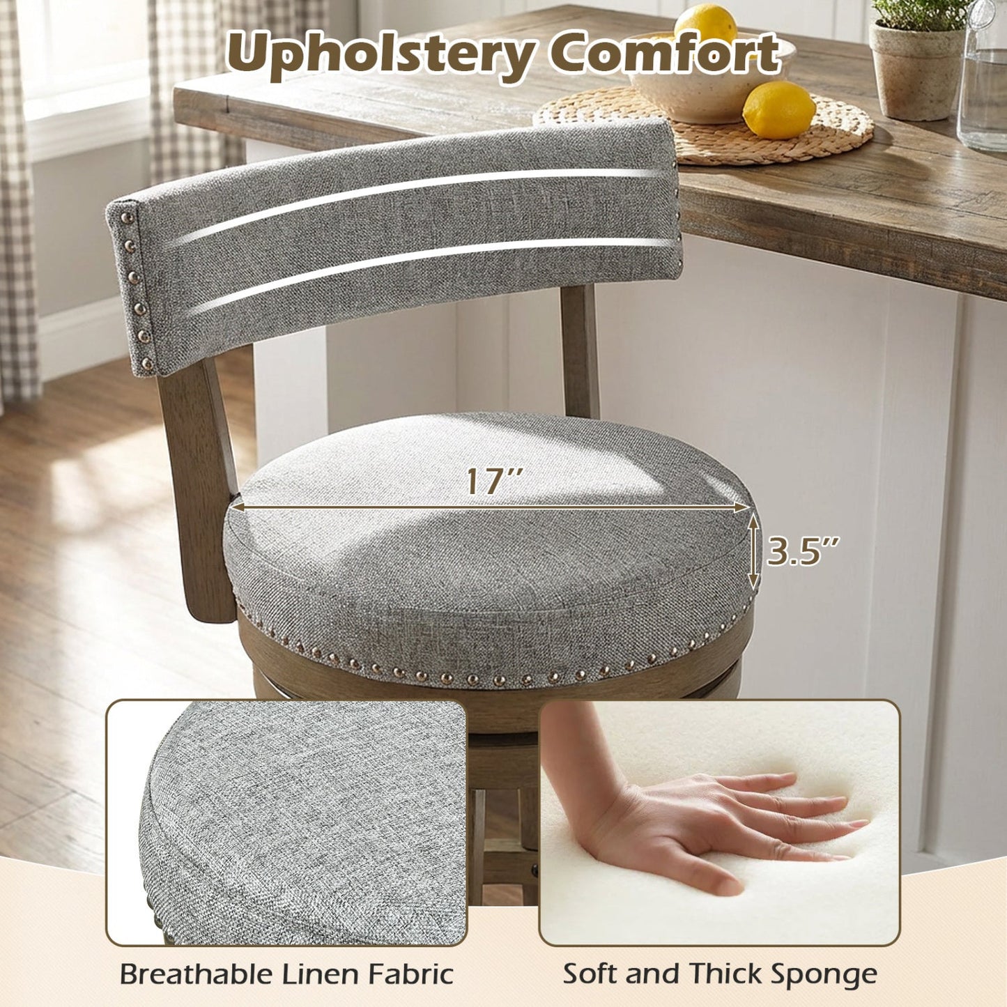 Swivel Bar Stools Set of 2 Linen Fabric Upholstered Barstools with Back-31.5 Inches