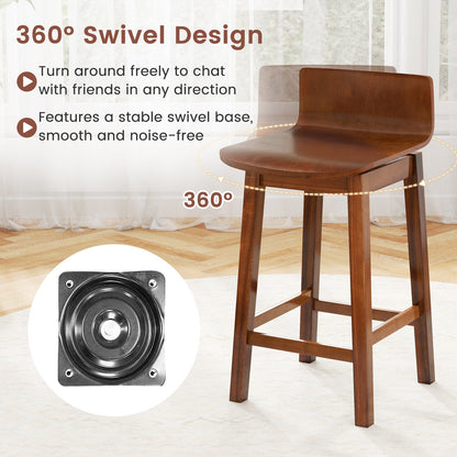24.5 Inch Swivel Wooden Bar Stools Set of 2 with Rubber Wood Legs and Low Back