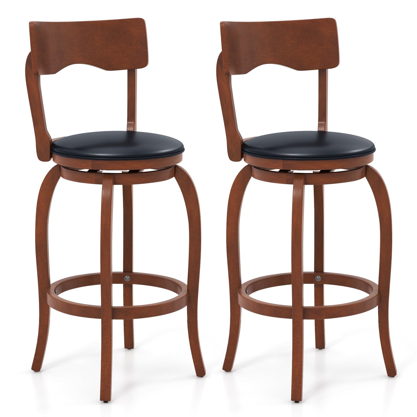 Juego de 2 taburetes de bar giratorios con estructura de madera de caucho y asiento tapizado-61 cm