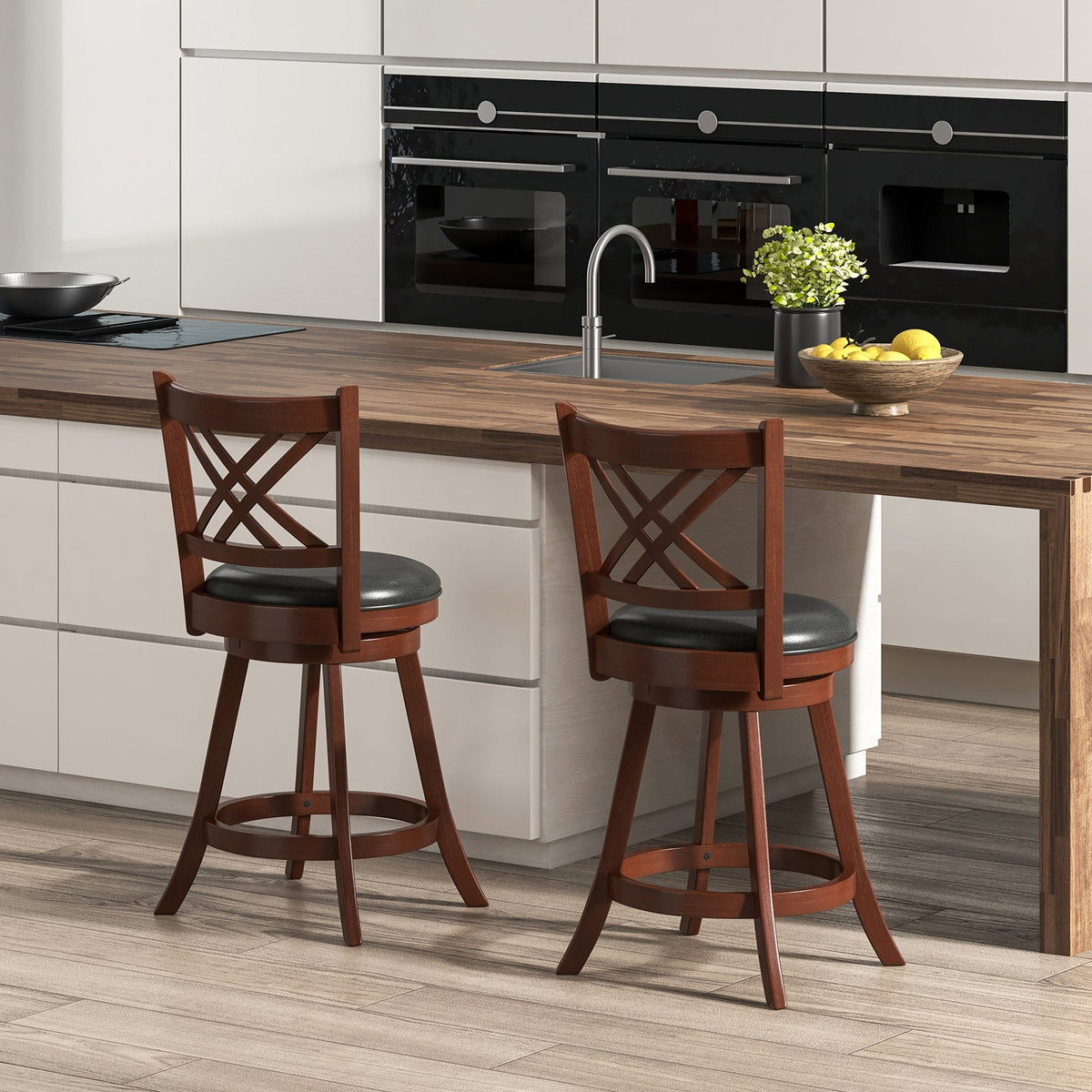 360° Swivel Barstools (set of 2) with back and footrest, dark wood, padded seats, DirectDeals on Tampa Home & Garden Store