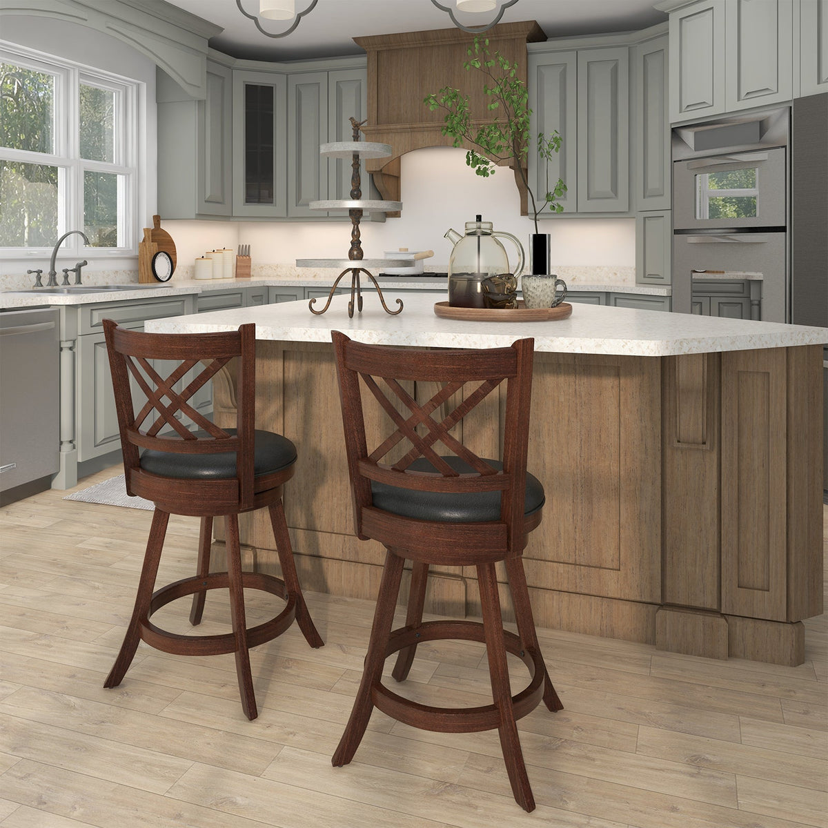 360 Swivel Barstools set of 2 with back and footrest dark wood at kitchen island by DirectDeals on Tampa Home & Garden Store