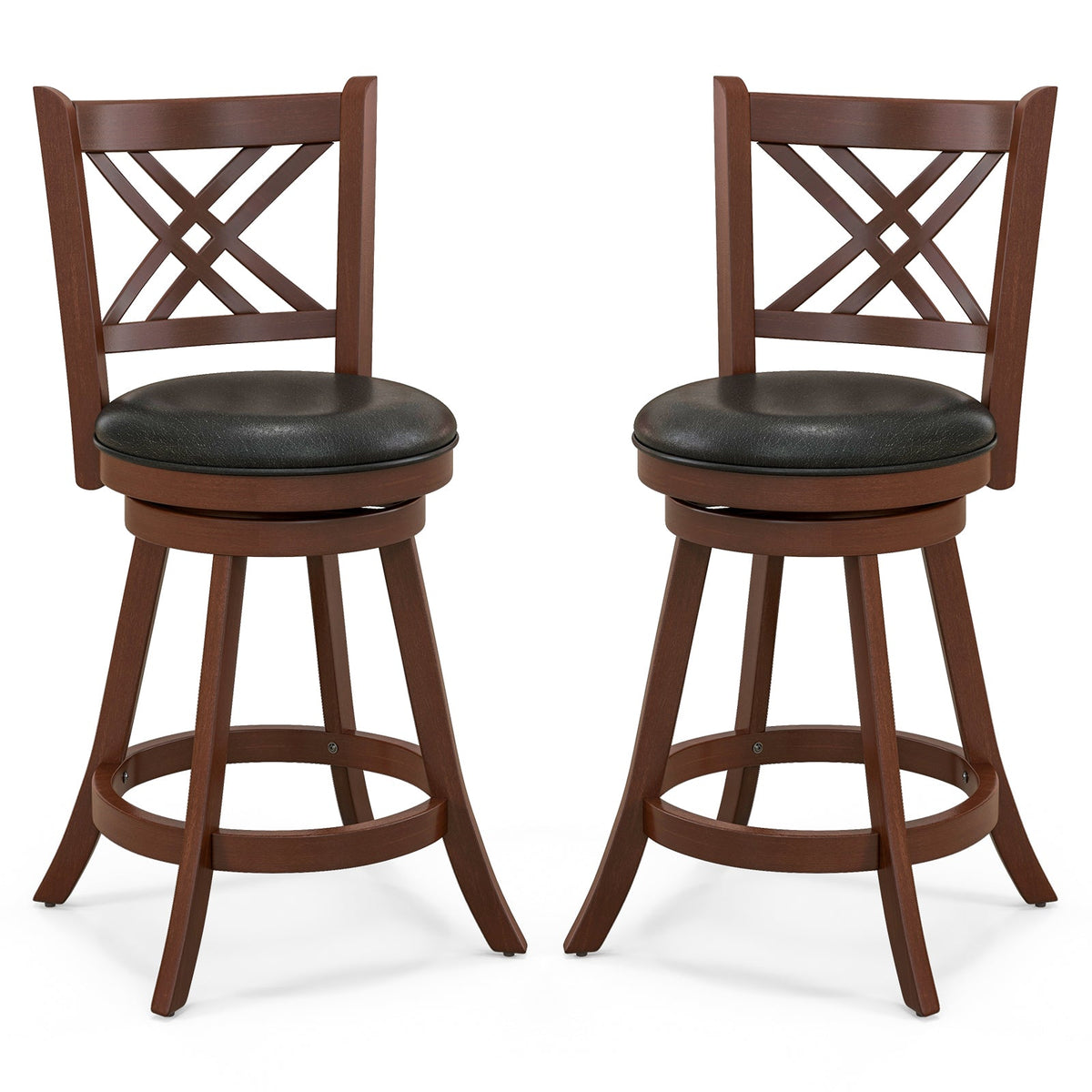Swivel upholstered barstools, set of 2 with back and footrest, brown wood frame, black seats on Tampa Home & Garden Store