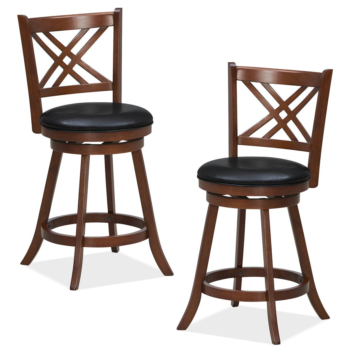 DirectDeals 360° swivel upholstered barstools set of 2 with back and footrest, brown wood, black seats on Tampa Home & Garden Store