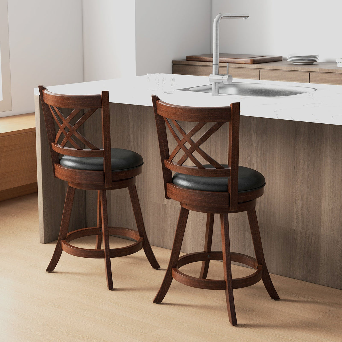 360-degree Swivel Upholstered Barstools, set of 2 with back and footrest, dark wood on Tampa Home & Garden Store