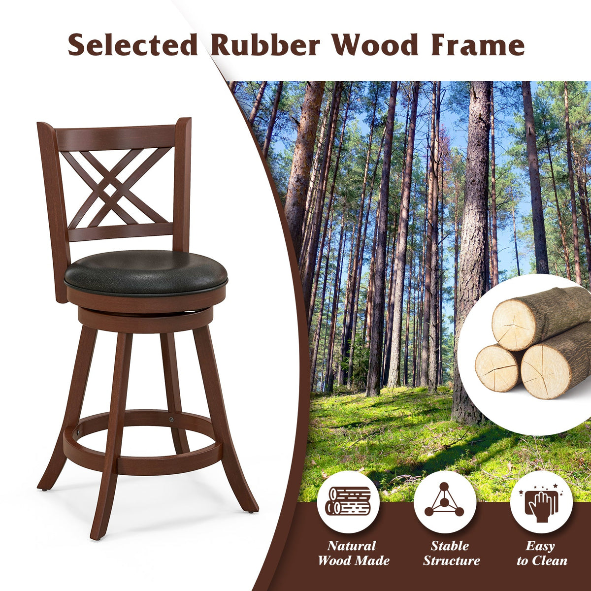 360 Swivel Bar Stools Set of 2 with Back and Footrest Brown Wood Finish Black Cushioned Seat on Tampa Home & Garden Store