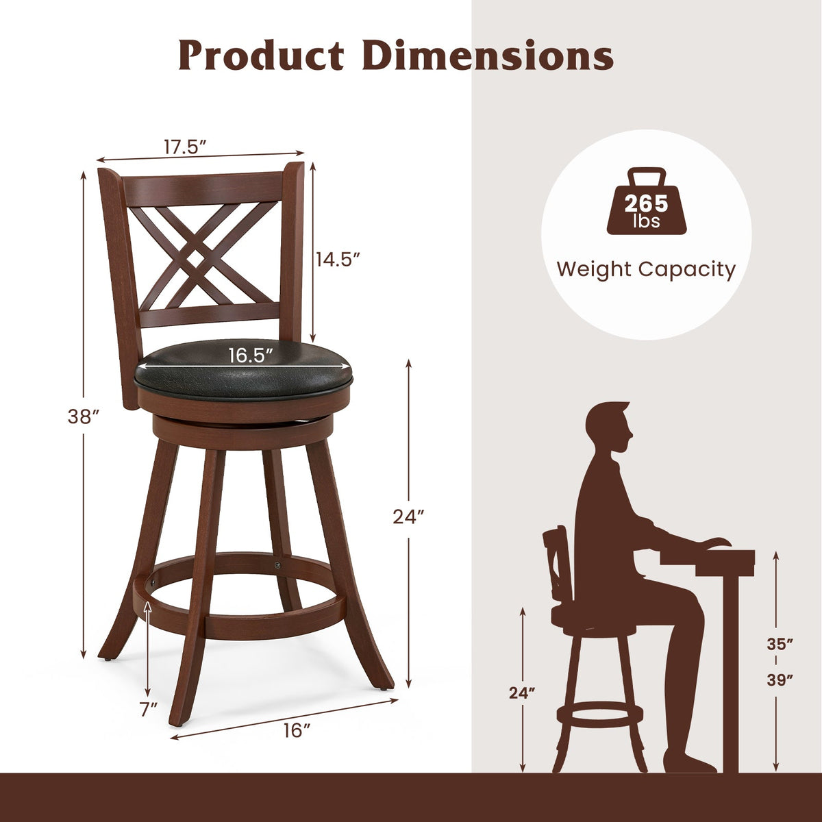 360° Swivel Upholstered Barstools set of 2 with back and footrest, brown wood DirectDeals on Tampa Home & Garden Store