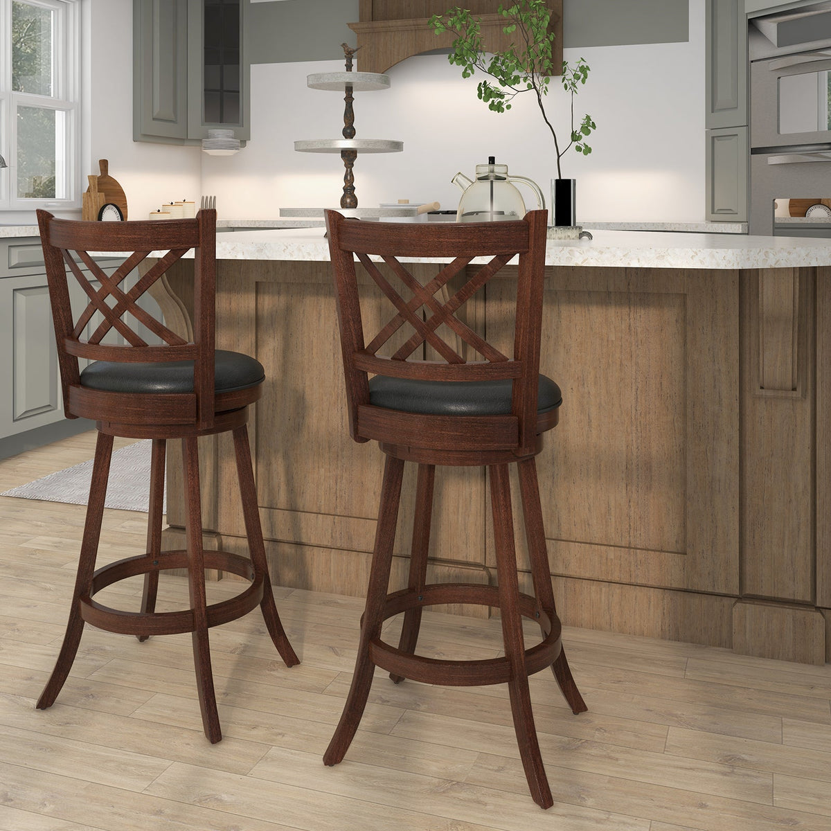 360° Swivel upholstered barstools set of 2 with back and footrest; dark wood, black cushions on Tampa Home & Garden Store