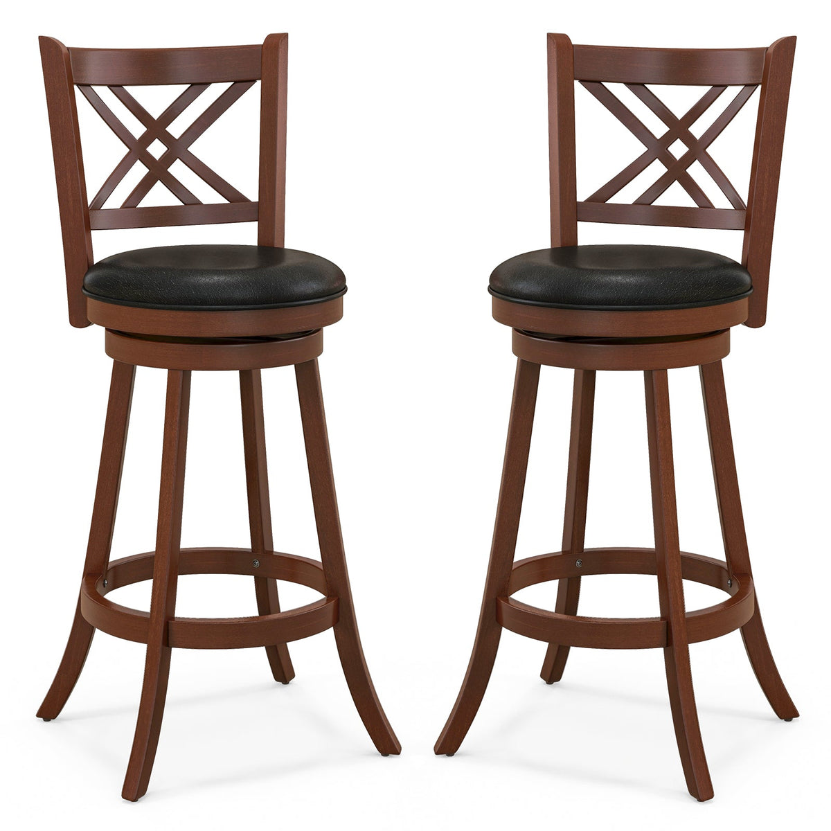 360° Swivel Upholstered Barstools Set of 2 by DirectDeals, with back and footrest, brown wood, black seats on Tampa Home & Garden Store