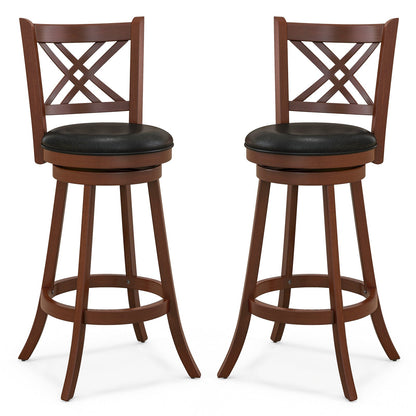 360° Swivel Upholstered Barstools Set of 2 by DirectDeals, with back and footrest, brown wood, black seats on Tampa Home & Garden Store