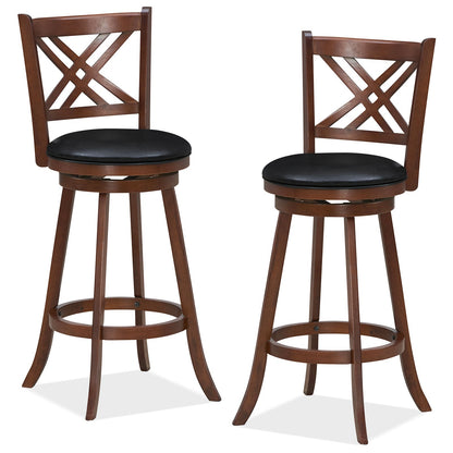 360° Swivel Barstools set of 2 with back and footrest, brown wood, black cushions on Tampa Home & Garden Store
