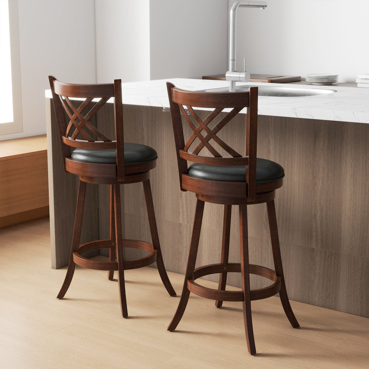 360° swivel upholstered barstools set of 2 with back and footrest in dark wood on Tampa Home & Garden Store