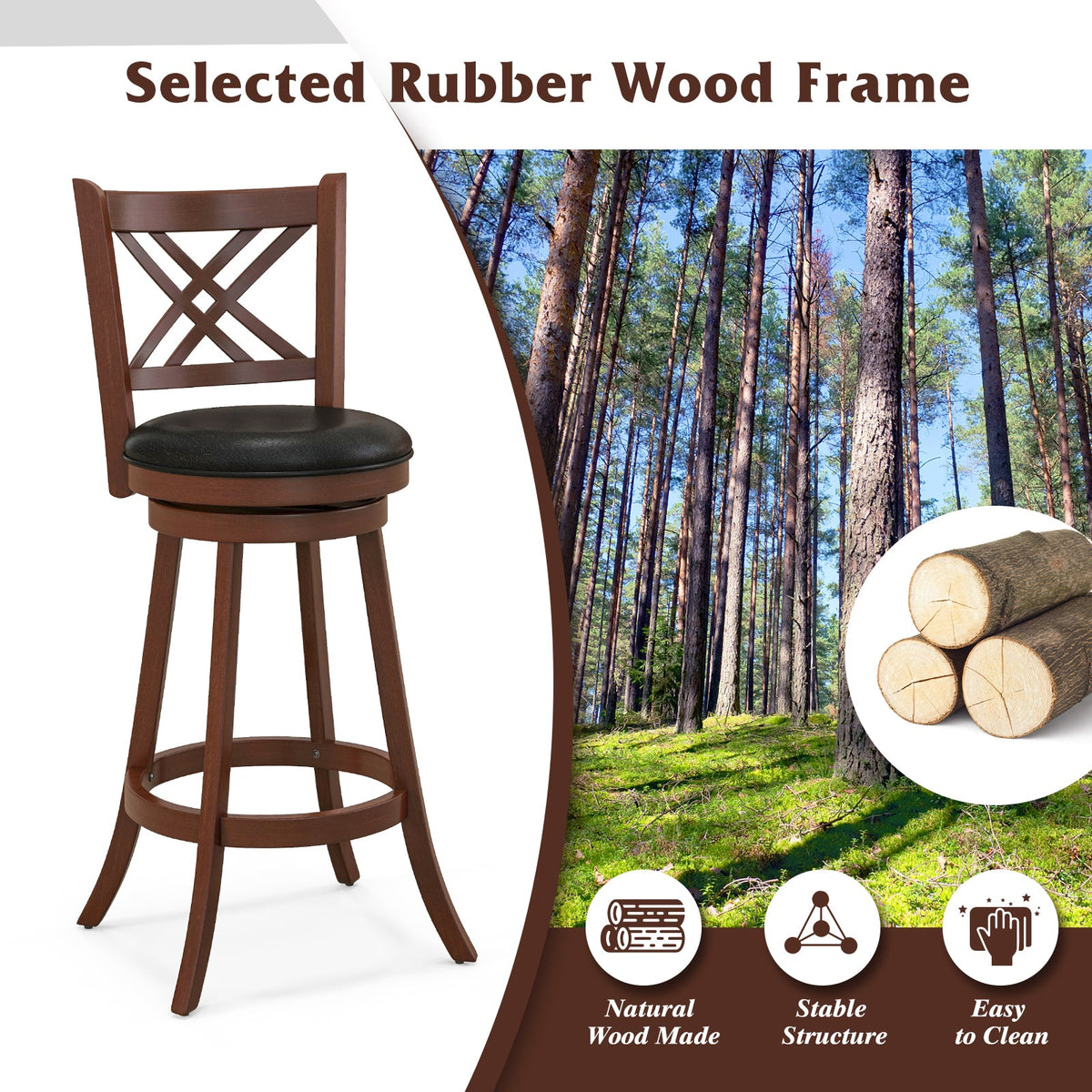 360-degree swivel upholstered barstools set of 2 with back and footrest brown black cushion on Tampa Home & Garden Store