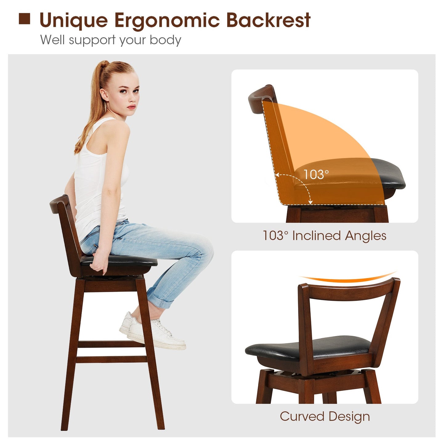 Swivel Upholstered PU Leather Stool with Backrest and Cushioned Seat-30.5 inches
