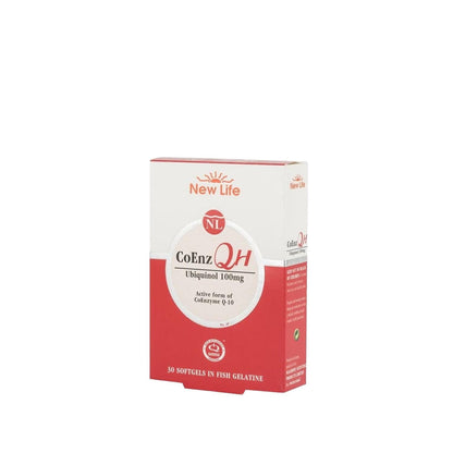 CoEnzQH Ubiquinol 100mg vitamin box by New Life with NL logo, red and white packaging, 30 softgels in fish gelatin on Tampa Home & Garden Store