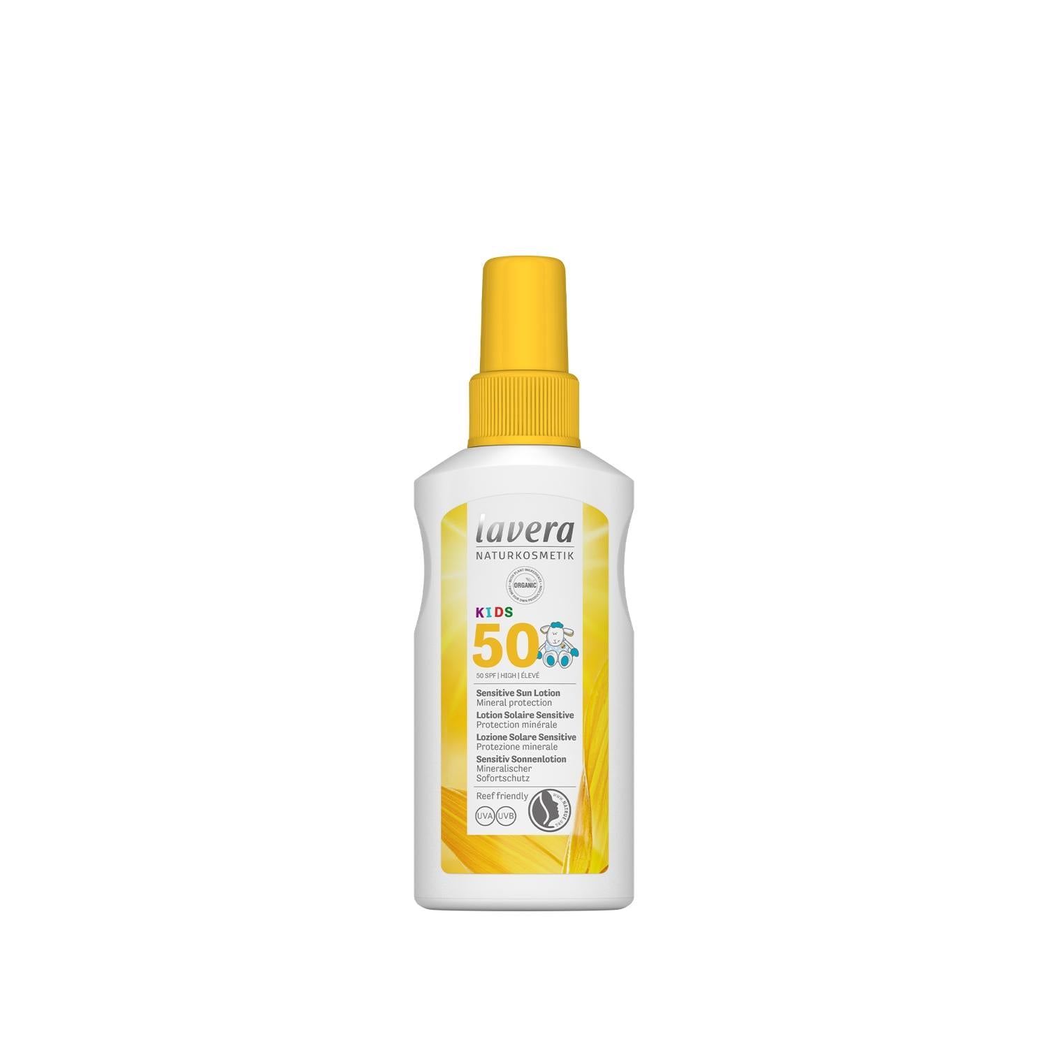 Lavera Kids Sunscreen Lotion SPF 50 bottle with yellow spray cap and white-yellow label on Tampa Home & Garden Store