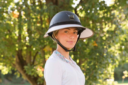 EquiVisor Sport sun visor with 4.5in/3in brim on riding helmet, white edge on Tampa Home & Garden Store