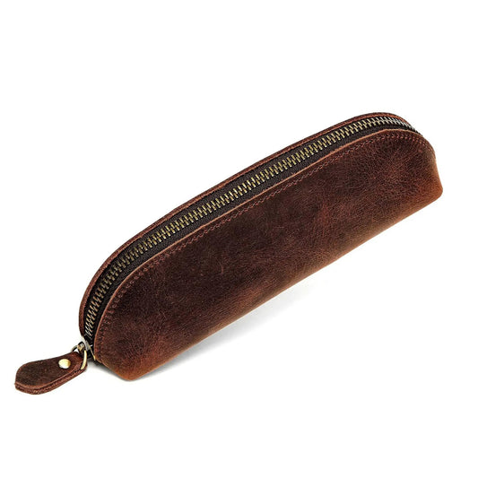 Brown leather slider pencil case with gold zipper and stitched edges on Tampa Home & Garden Store