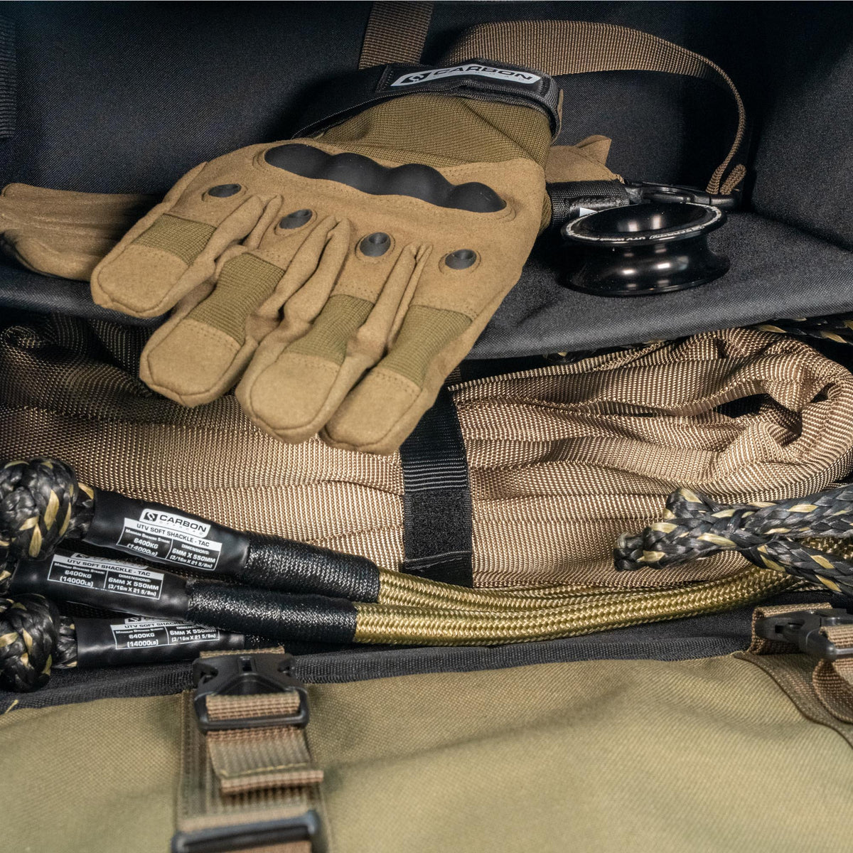 TAC ATV Response Kit recovery ropes & straps by Carbon Offroad USA tan gloves and braided cords on Tampa Home & Garden Store