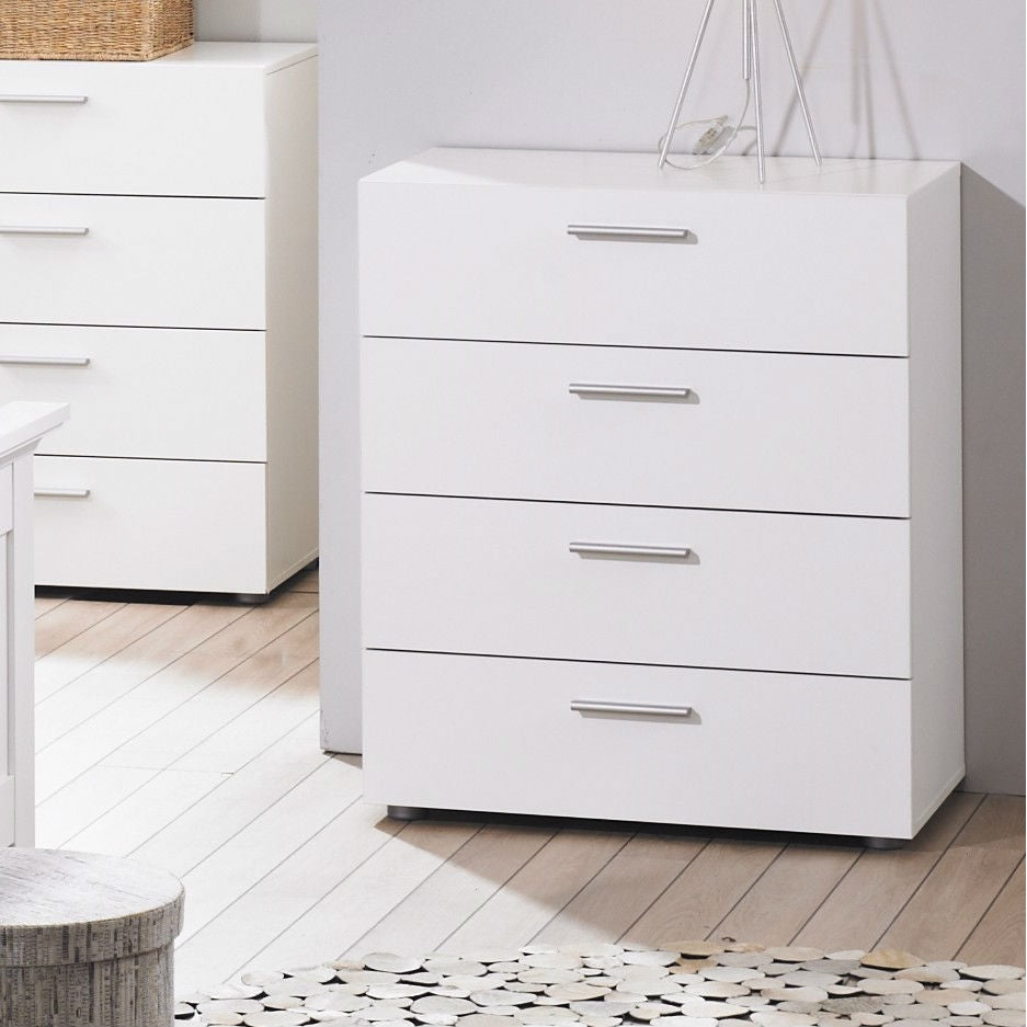 Cómoda de dormitorio de 4 cajones blanca de estilo contemporáneo