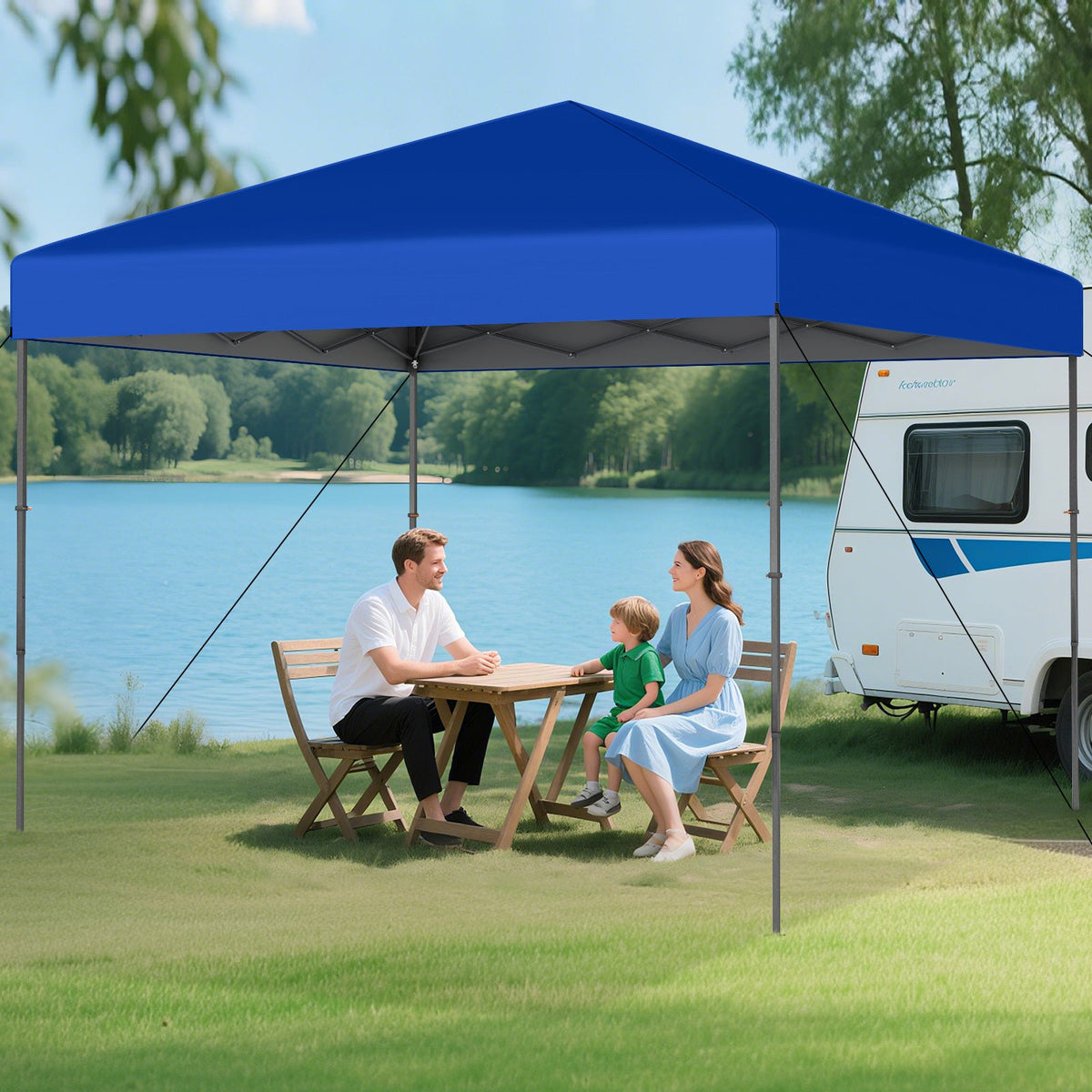 GemGear 10x10ft blue pop up canopy tent with steel frame carrying bag and 8 stakes by lakeside on Tampa Home & Garden Store