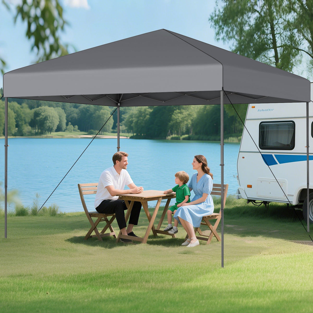GemGear 10x10 ft gray pop-up canopy tent with carrying bag and 8 stakes by a lakeside family on Tampa Home & Garden Store