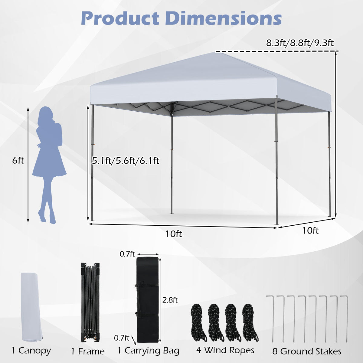 GemGear 10x10 ft pop up canopy tent white with carry bag includes 4 wind ropes and 8 stakes on Tampa Home & Garden Store