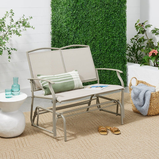 2 Seat Mesh Patio Loveseat Swing Glider Rocker with Armrests in Taupe - Tampa Home & Garden Store