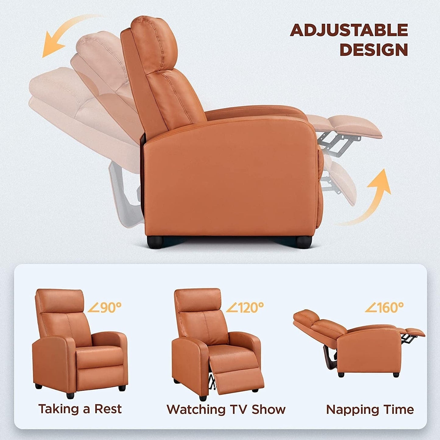 Sillón reclinable push-back de piel sintética de alta densidad color marrón