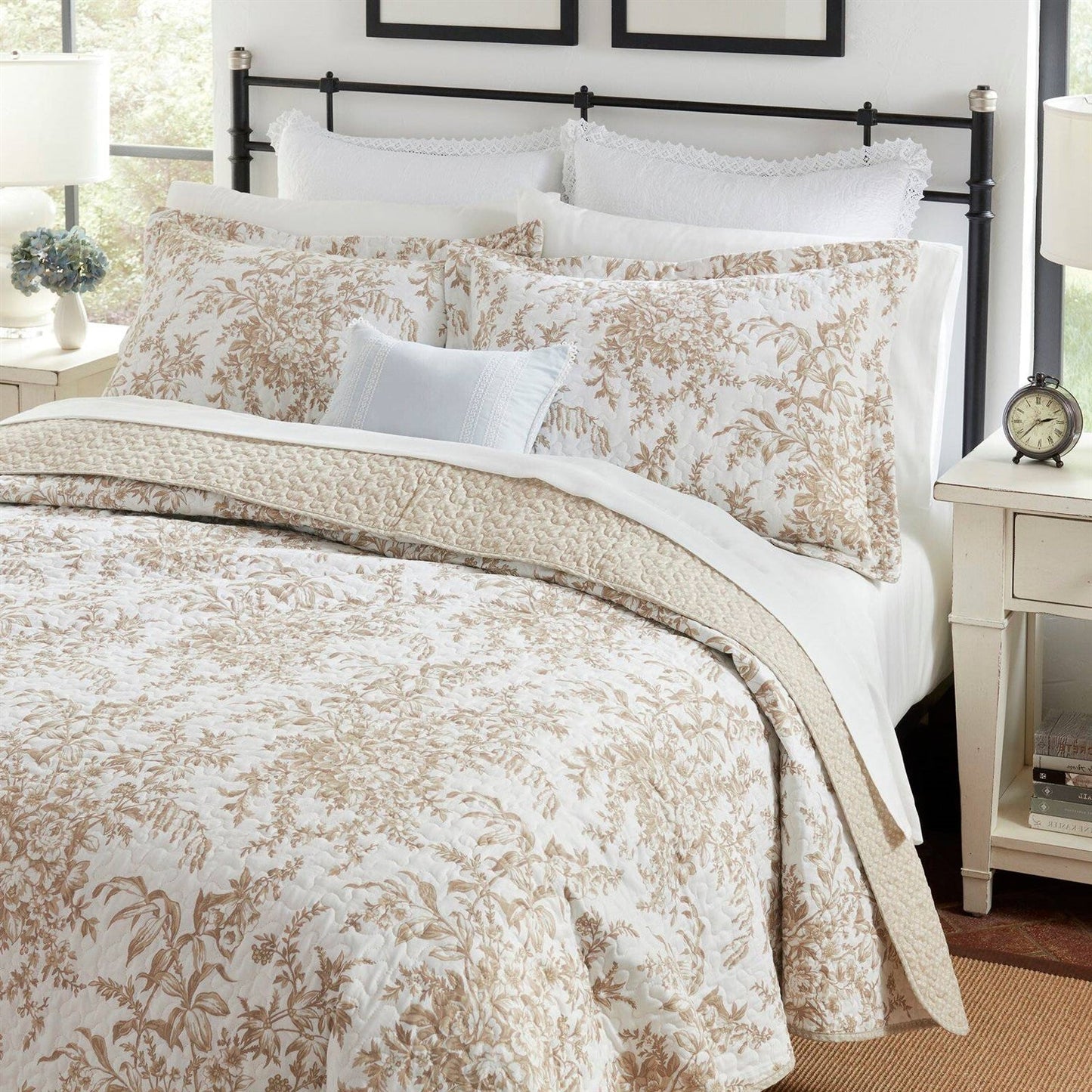 Juego de edredón de algodón bohemio floral beige tostado de 3 piezas para cama Full/Queen