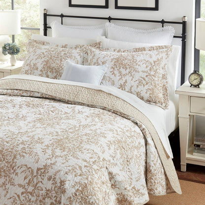 Juego de edredón de algodón bohemio floral beige tostado de 3 piezas para cama Full/Queen