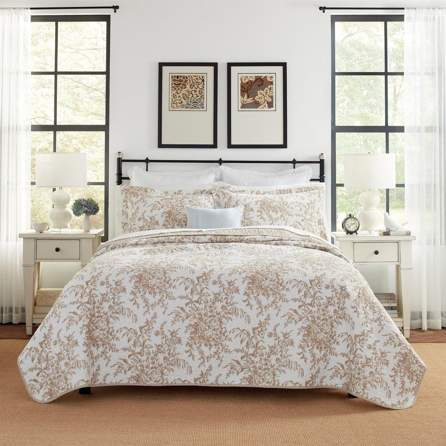Juego de edredón de algodón bohemio floral beige tostado de 3 piezas para cama Full/Queen