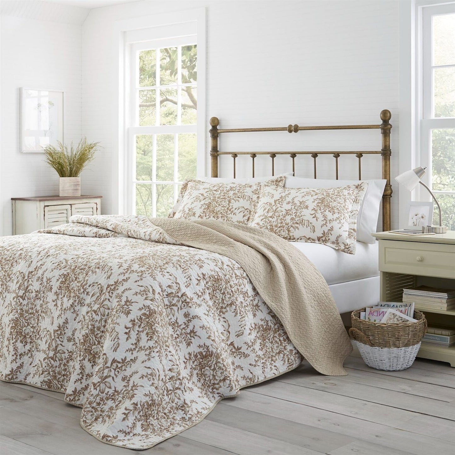 Juego de edredón de algodón bohemio floral beige tostado de 3 piezas para cama Full/Queen