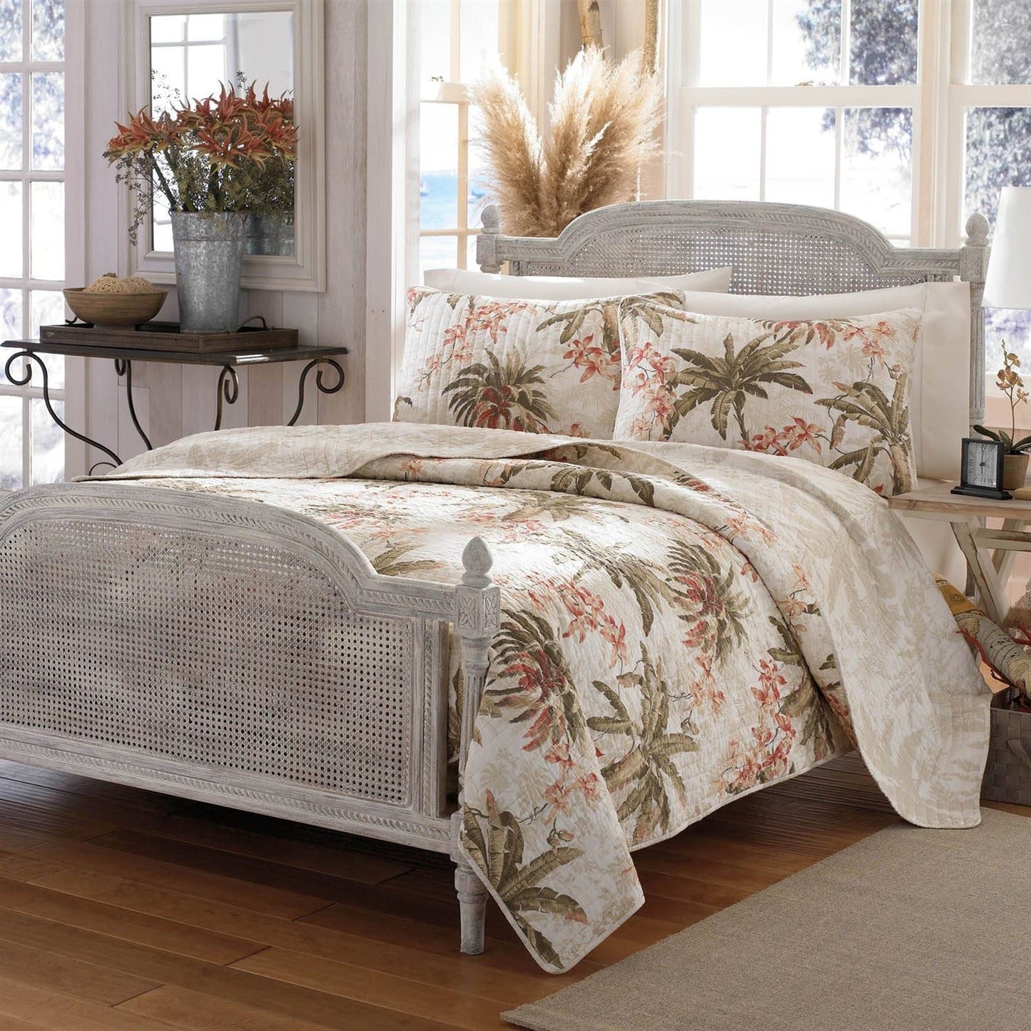 Juego de edredón reversible de 3 piezas King Cotton Coastal Palm Tree Floral
