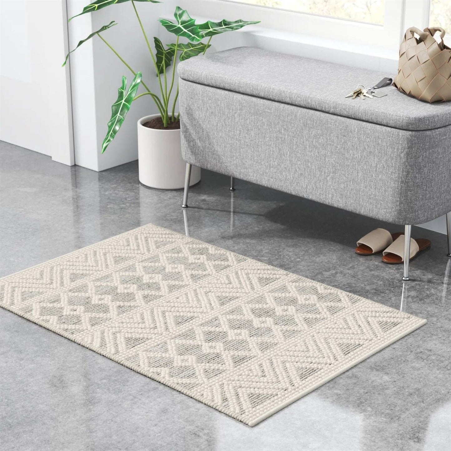 Alfombra de área estilo persa tejida a mano de 2 x 3 pies, mezcla de lana, gris, beige, marfil