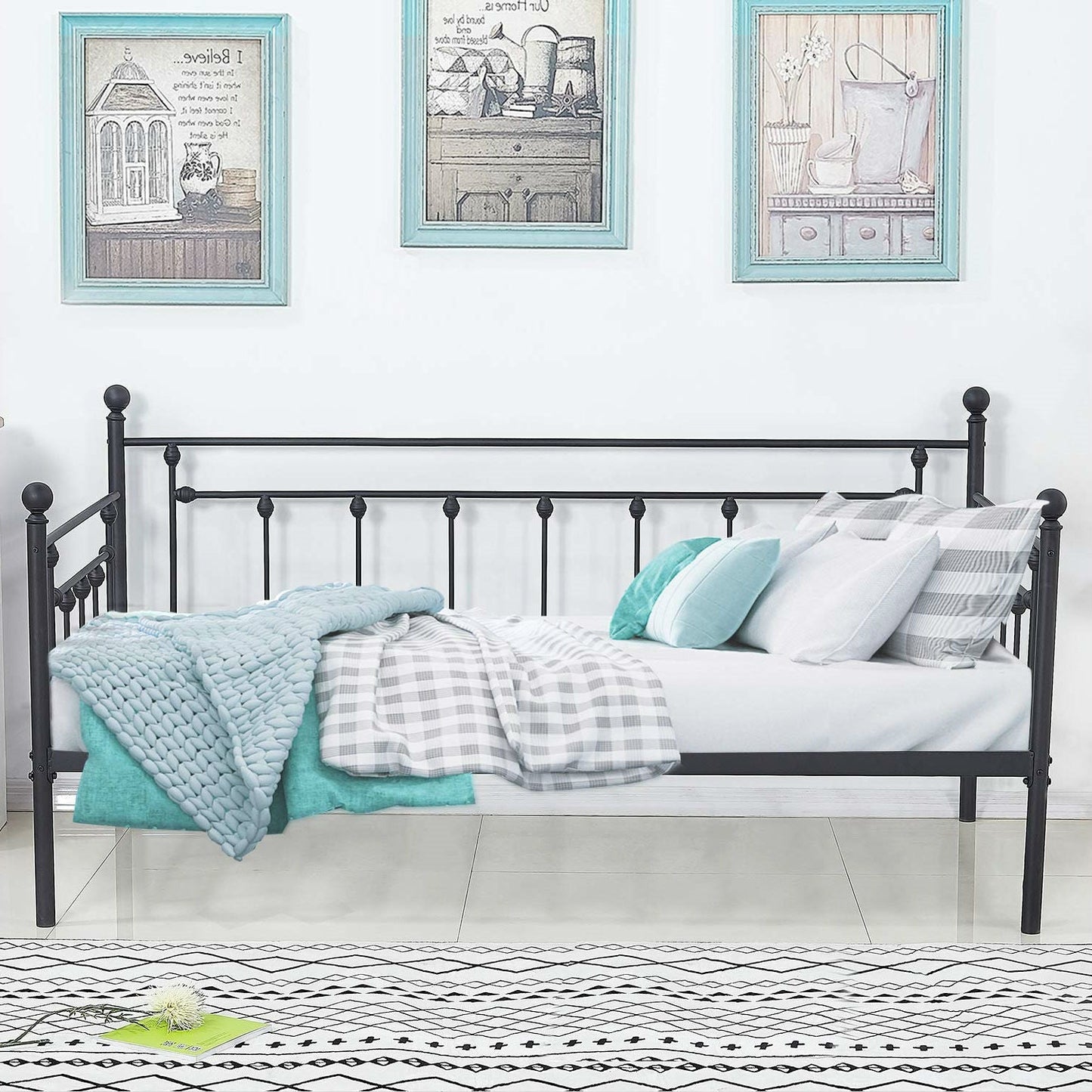 Estructura de cama diván de metal negra clásica tamaño Twin