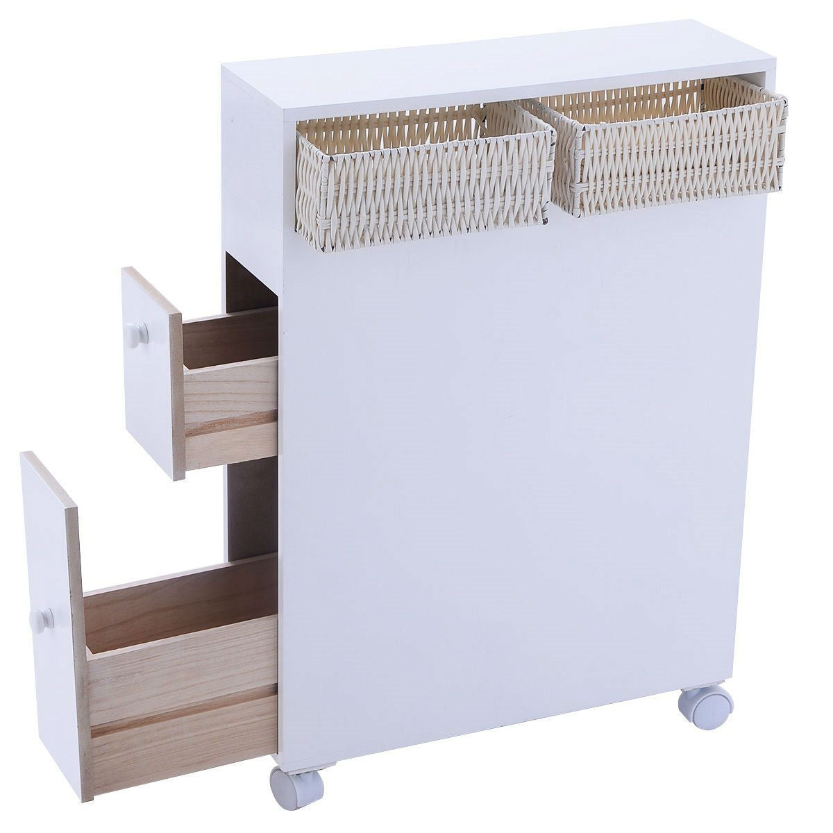 Armario de suelo blanco para baño con cestas y ruedas