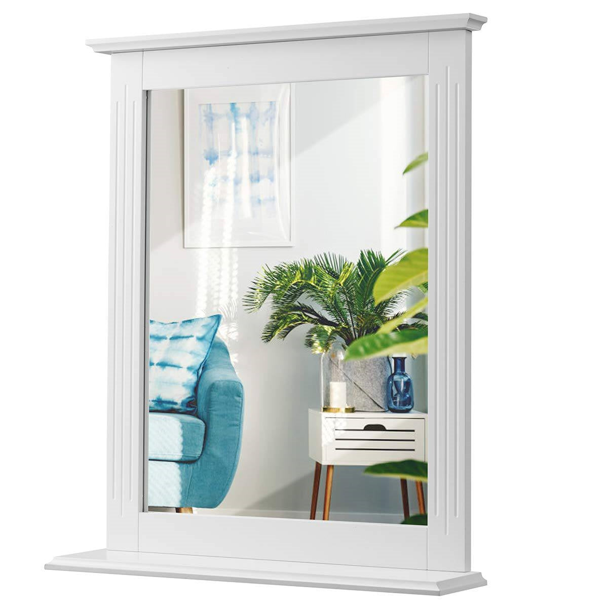 Espejo de pared rectangular blanco para dormitorio o tocador de baño con estante inferior