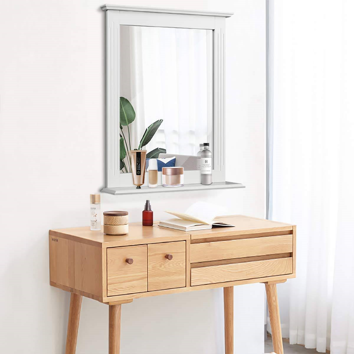 Espejo de pared rectangular blanco para dormitorio o tocador de baño con estante inferior