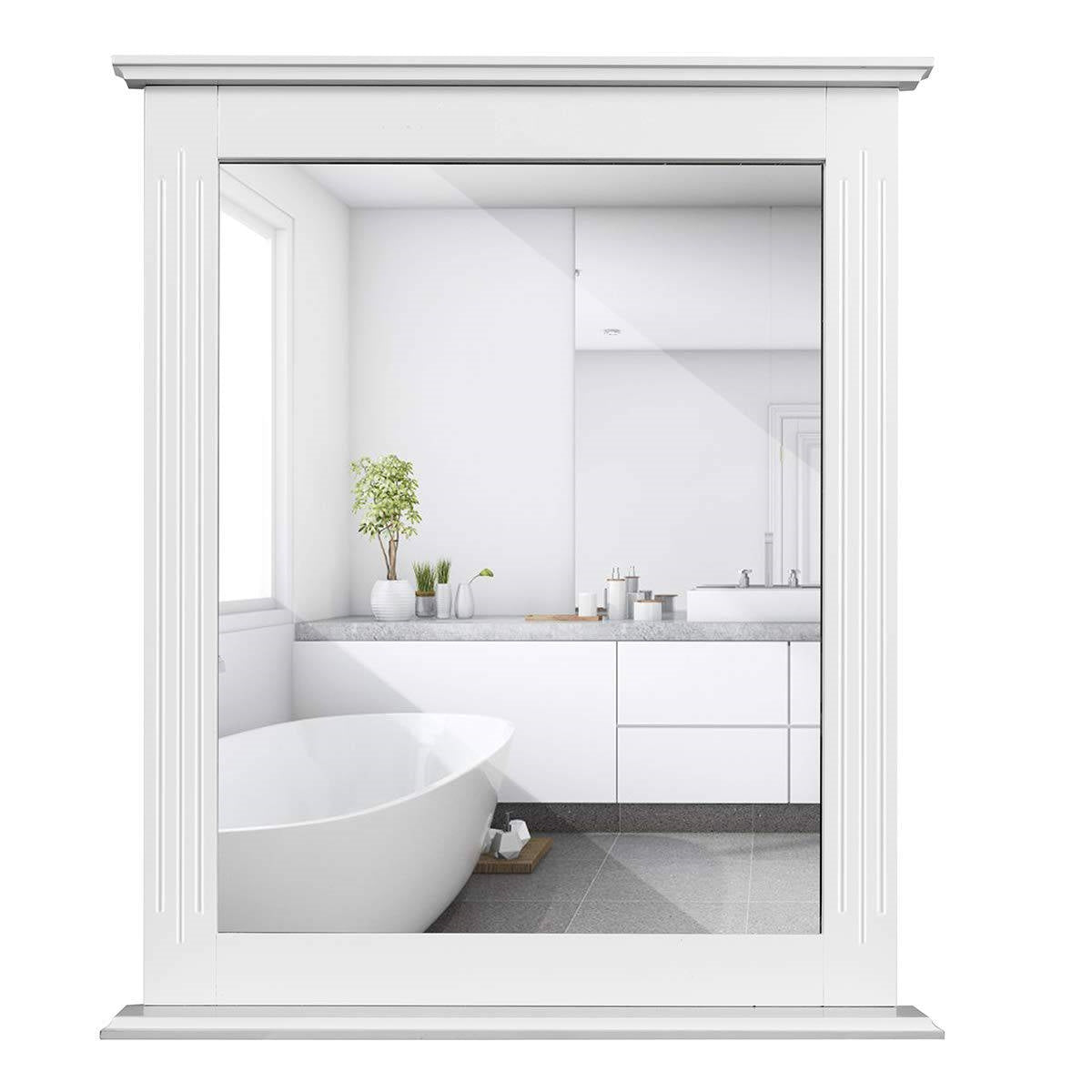 Espejo de pared rectangular blanco para dormitorio o tocador de baño con estante inferior