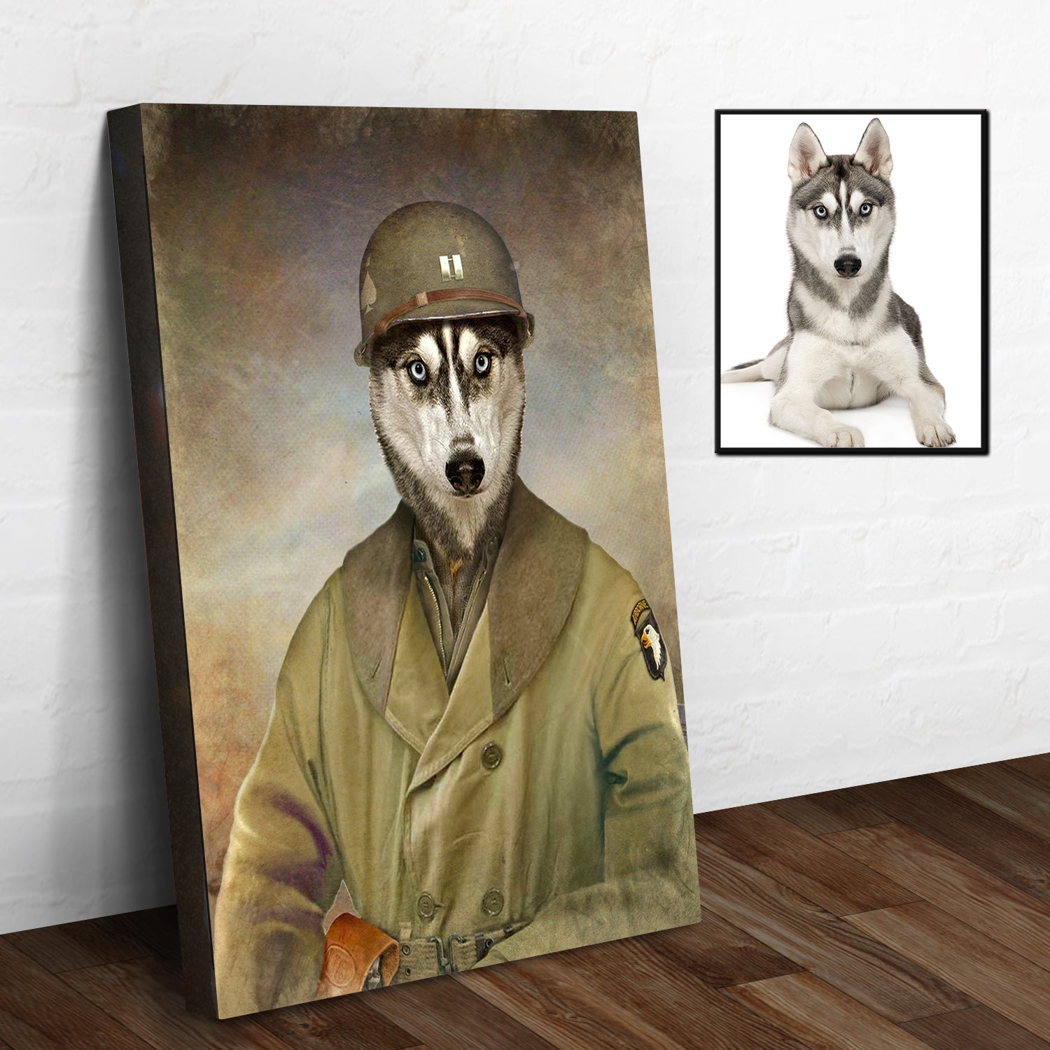 Pet Husky Military Dog Sign by Tailored Canvases showing a husky in a military uniform on Tampa Home & Garden Store