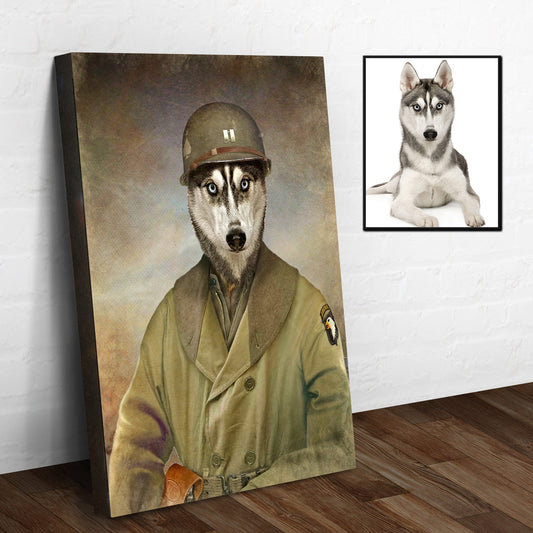Pet Husky Military Dog Sign by Tailored Canvases showing a husky in a military uniform on Tampa Home & Garden Store