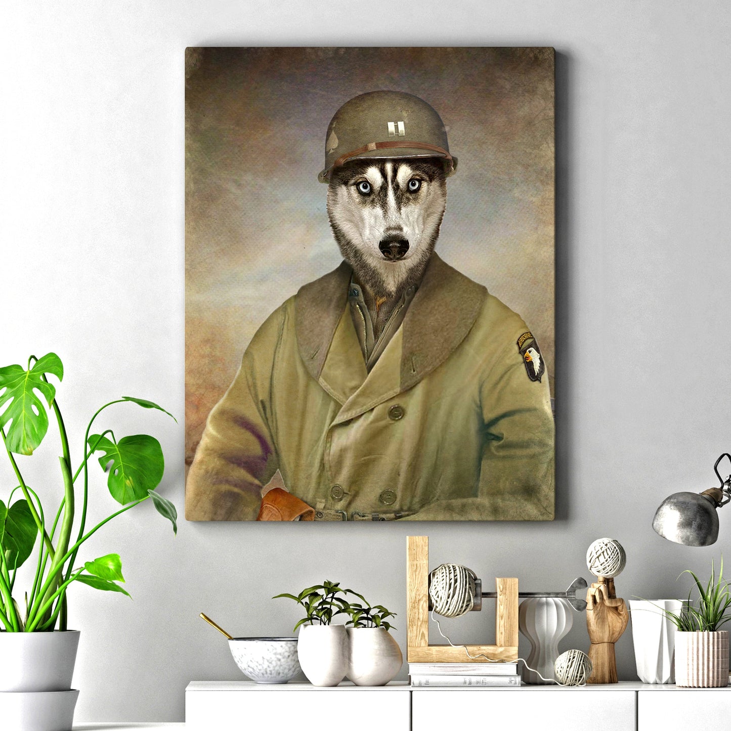 Pet Husky Military Dog Sign canvas by Tailored Canvases; husky in khaki uniform with helmet on Tampa Home & Garden Store