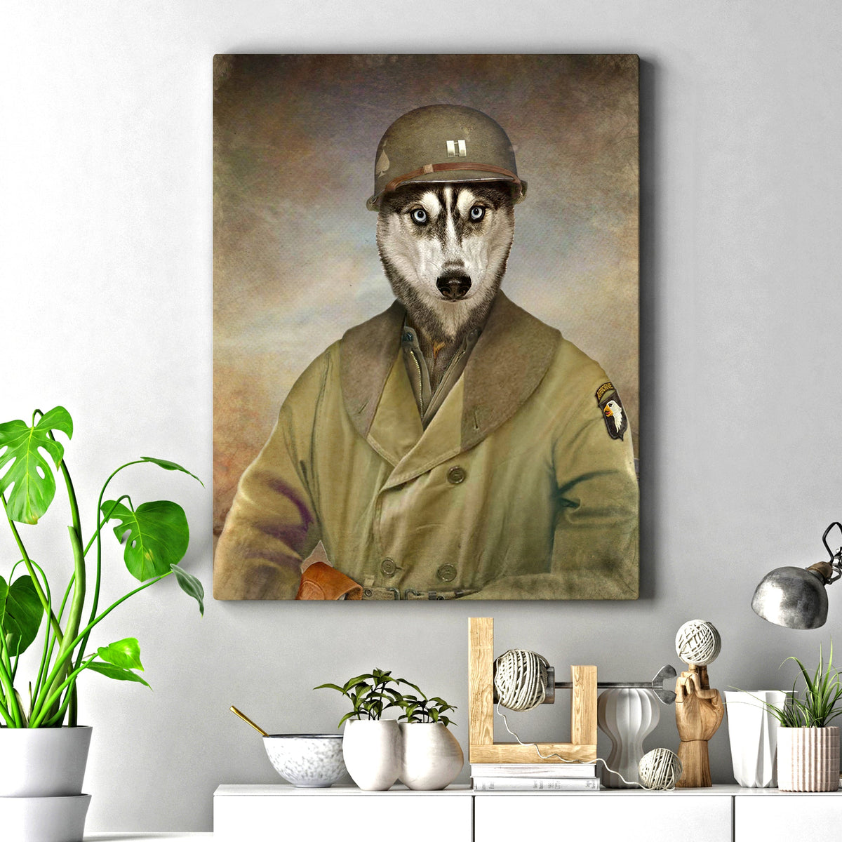 Pet Husky Military Dog Sign canvas by Tailored Canvases; husky in khaki uniform with helmet on Tampa Home & Garden Store