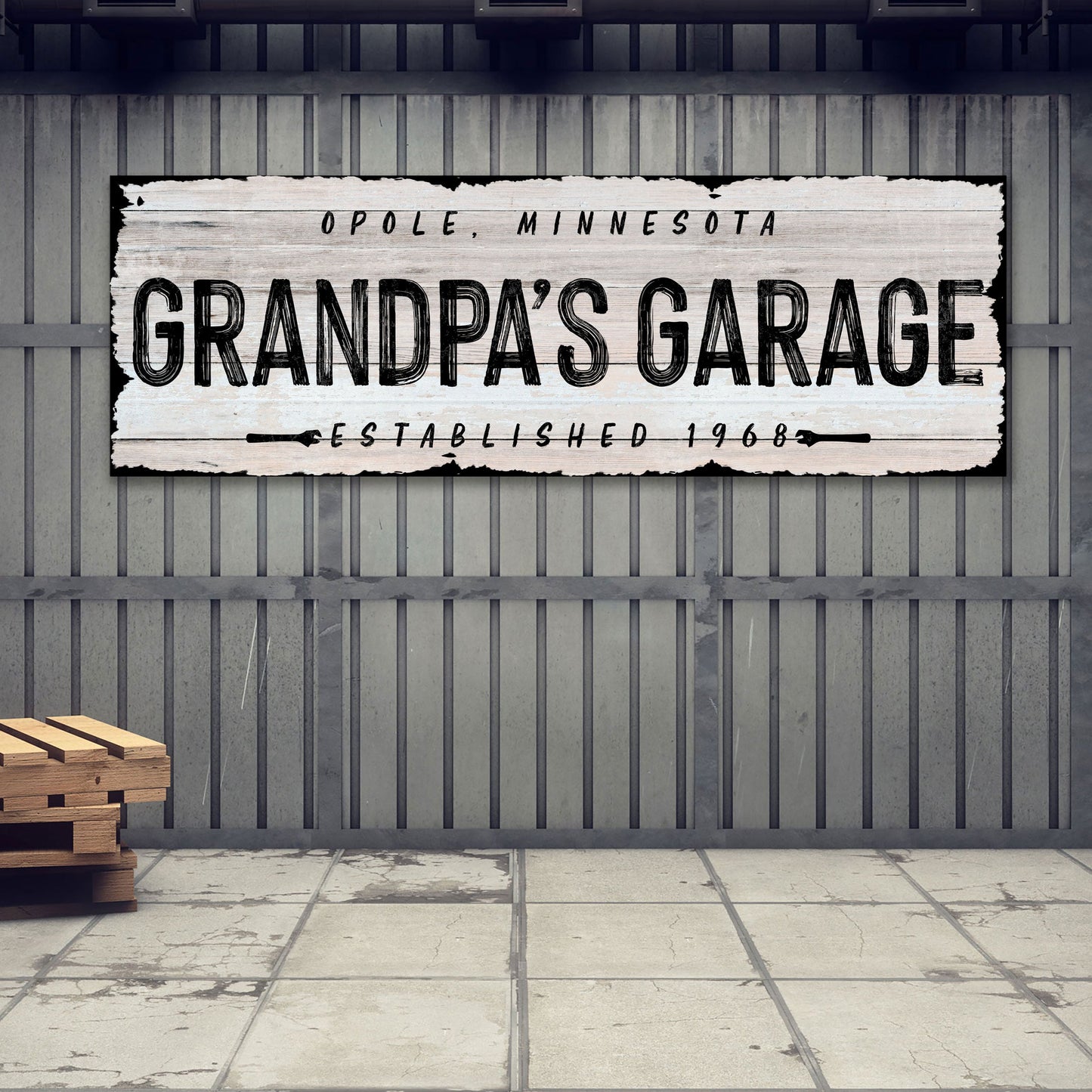 Grandpa's Garage canvas sign with distressed white wood planks and bold black lettering Tailored Canvases on Tampa Home & Garden Store