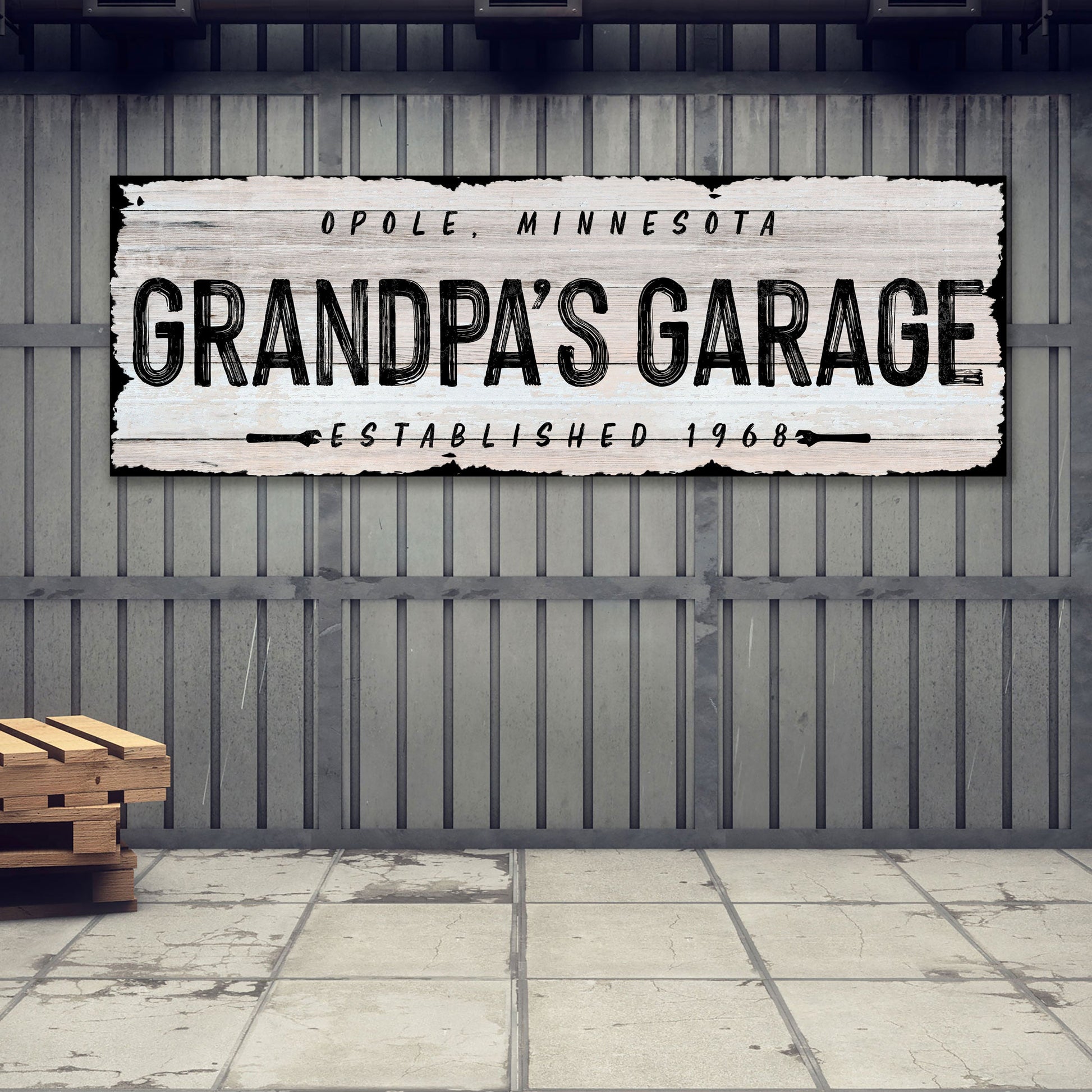 Grandpa's Garage canvas sign with distressed white wood planks and bold black lettering Tailored Canvases on Tampa Home & Garden Store
