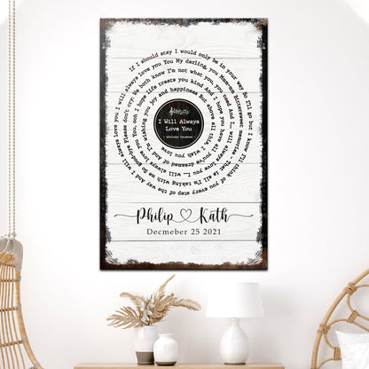 Song Lyrics Sign canvas Tailored Canvases lyric text around I Will Always Love You motif on Tampa Home & Garden Store