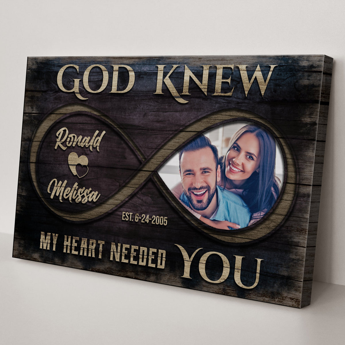 God Knew Couple Sign II canvas by Tailored Canvases with wood background and couple photo on Tampa Home & Garden Store